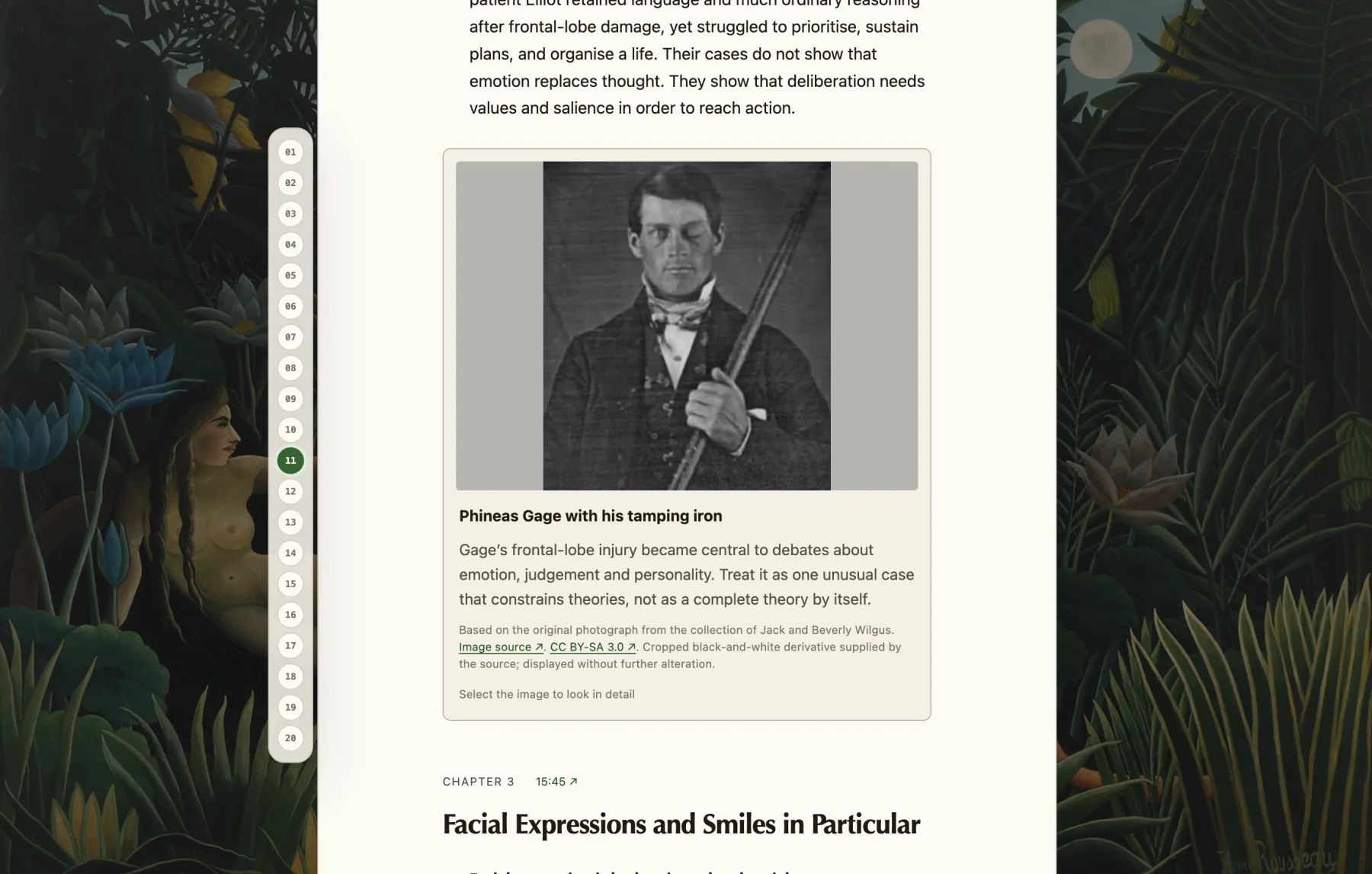 Introduction to Psychology notebook showing an illustrated note about Phineas Gage