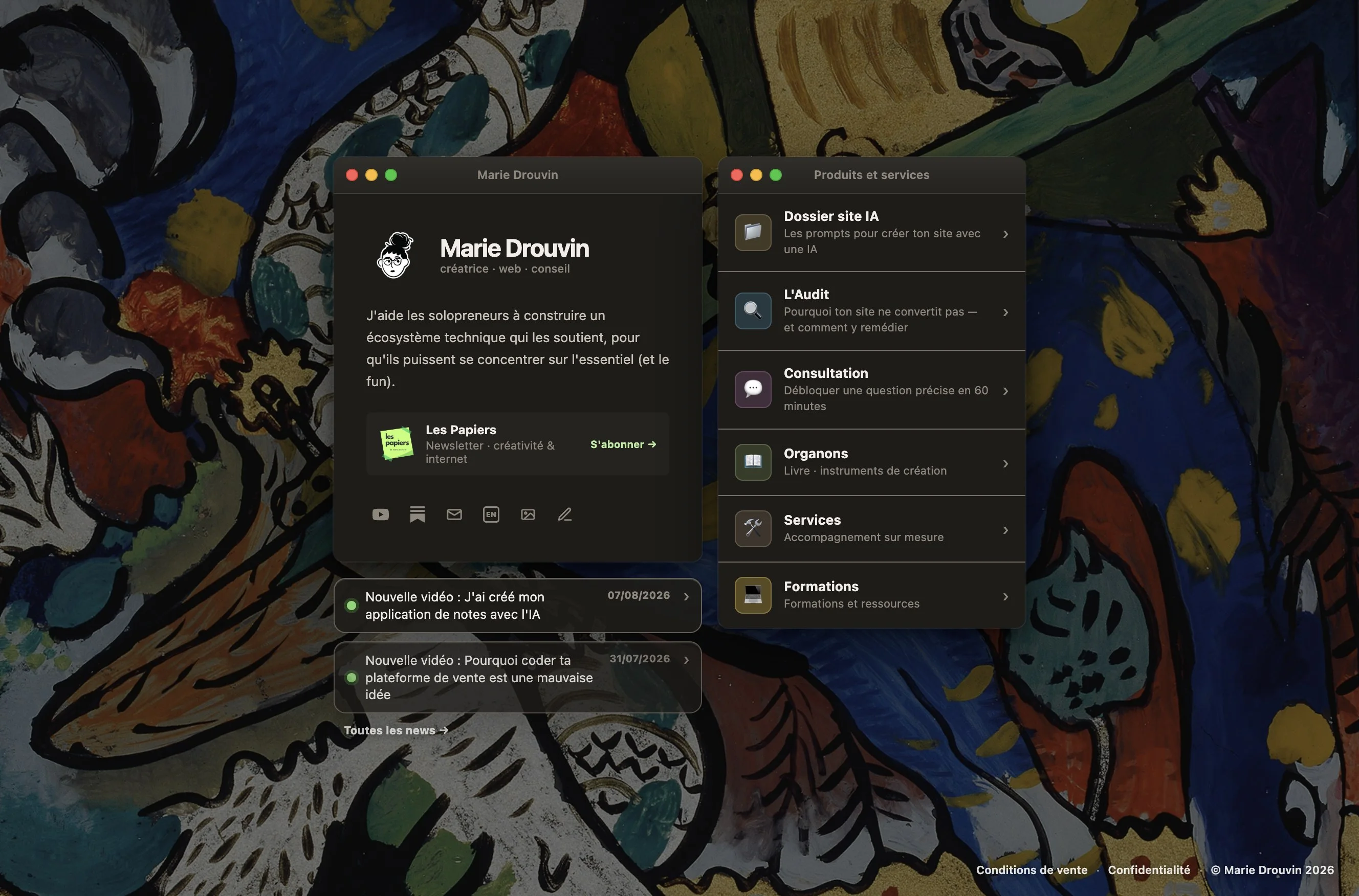 Dark-mode homepage of mariedrouvin.com