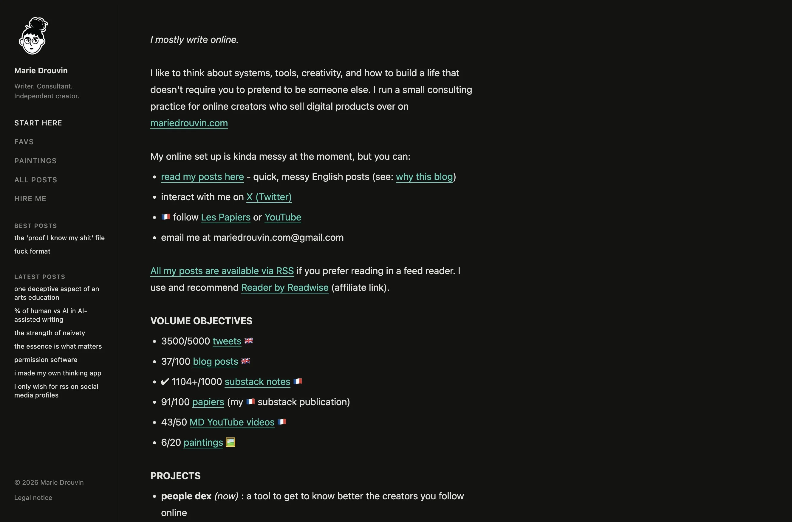 Dark-mode homepage of notes.mariedrouvin.com