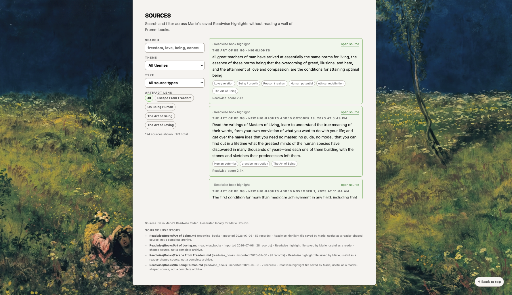 The searchable Sources section of an Erich Fromm PeopleDex profile, with filters and links back to the original Readwise material
