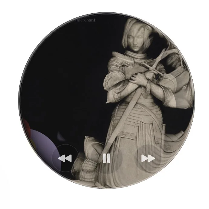Round Music Widget displaying monochrome sculpture artwork