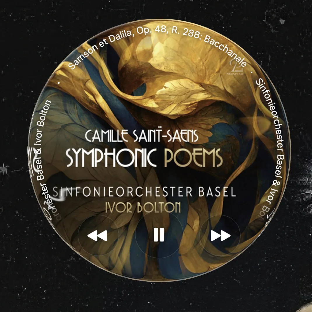 Round Music Widget showing a text-heavy Camille Saint-Saëns album cover with track information and controls layered around it